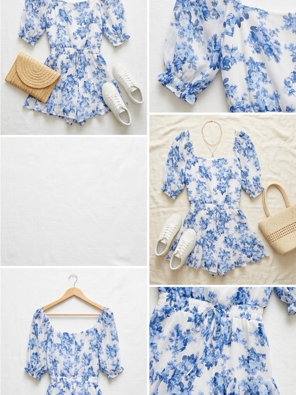 Trixxi White and Blue Floral Puff-Sleeve Romper